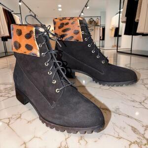 Grigiarancio Made in Italy Black Suede Leopard Calf Hair Lug Sole Ankle Boots 38